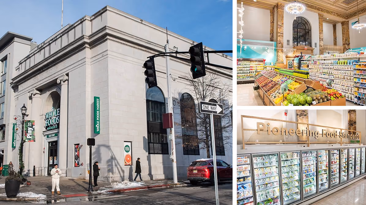 Exterior and interior views of a Whole Foods Market with produce and frozen food aisles.