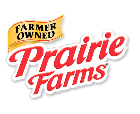 Prairie Farms logo with a yellow banner stating Farmer Owned above the brand name in red text.