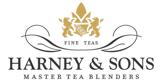 Harney & Sons Master Tea Blenders logo with gold crest featuring two lions and a shield.