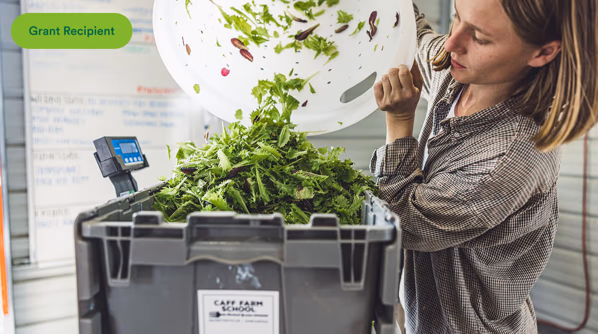 Woman dumping fresh leafy greens from a white container into a large gray bin at a farm school.