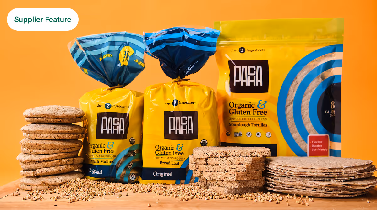 Stacks of gluten-free sourdough bread, muffins, and tortillas with yellow PAFA packaging on orange background.