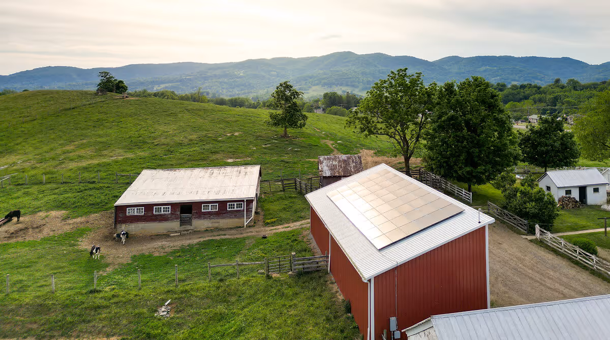 Red barn with solar panels on the roof beside a smaller barn and cows in a green pasture with hills beyond.